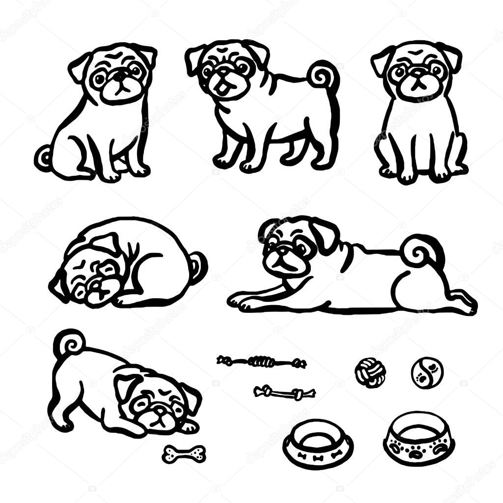 Hand-drawn whimsical Pug dogs in different poses. Vector illustration.