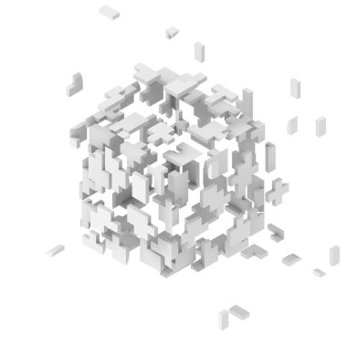 Beyaz arka planda hafif gri kaotik küp matris. 3D render