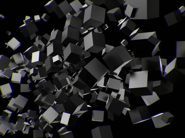 Siyah zemin üzerine koyu gri metal küpleri. 3D render