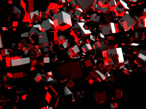 Siyah zemin üzerine kırmızı cam şeffaf küp. 3D render