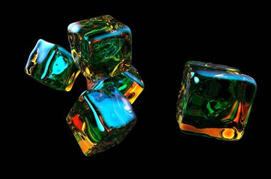 Renk yansımaları ile siyah arka plan üzerine izole beş şeffaf buz küpleri. 3D render