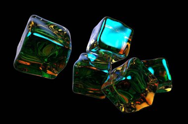 Renk yansımaları ile siyah arka plan üzerine izole beş şeffaf buz küpleri. 3D render