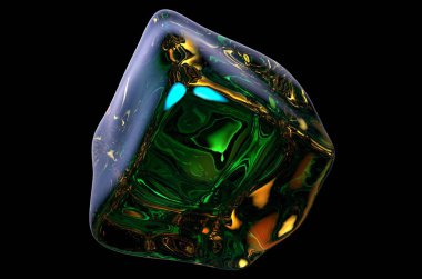 Renk yansımaları ile siyah arka plan üzerine izole şeffaf Ice cube. 3D render
