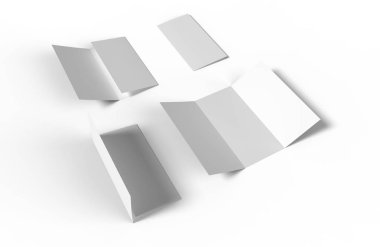 Dört boş kağıt panelli broşür örnekler gölgeler beyaz zemin üzerine kümesi. Farklı devlet. Fotogerçekçi 3d çizim