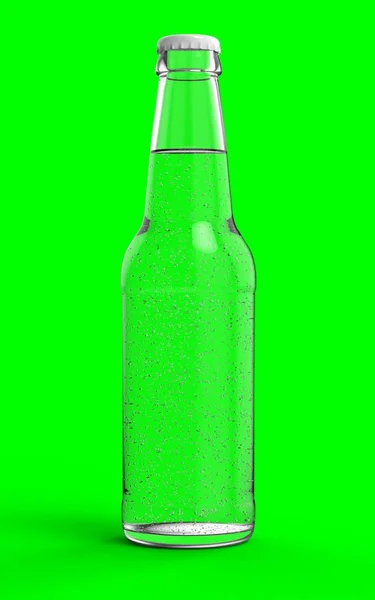 Прозрачная Бутылка Прозрачной Пузырчатой Жидкостью Белой Крышкой Зеленом Фоне Хромы — стоковое фото