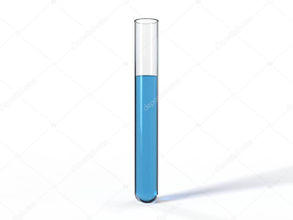 Transparent Glass flask with blue liquid on white background. 3D illustration