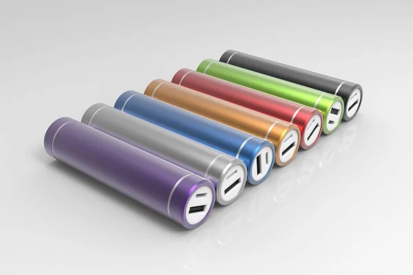 Sju Färgstarka Cylindric Power Banker Isolerad Vit Bakgrund Violett Silver — Stockfoto