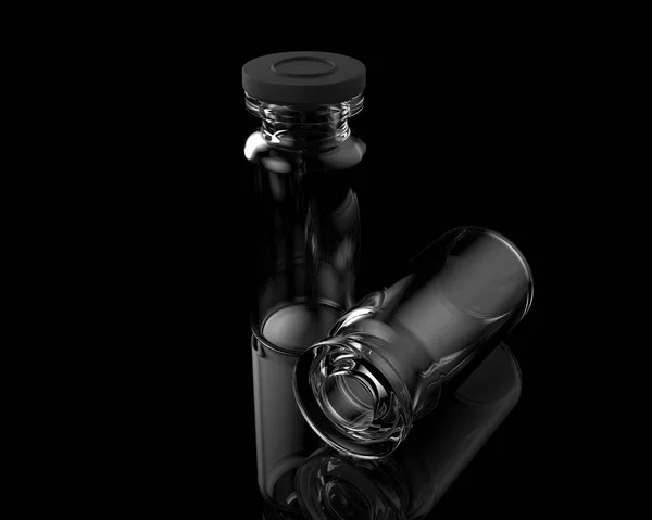 Leere Transparente Glasflaschen Mit Kappe Auf Schwarzem Hintergrund Mit Reflexen — Stockfoto