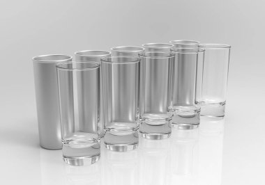 On boş bardak tekila. Beş metal bardak ve beş cam çekim yansımaları ile gri arka plan üzerinde. 3D render