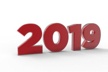 Numaraları 2019 kat yansımaları ile beyaz zemin üzerine kırmızı cam izole. 3D render
