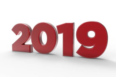 Numaraları 2019 kat yansımaları ile beyaz zemin üzerine kırmızı cam izole. 3D render