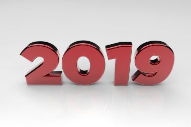 Numaraları 2019 kat yansımaları ile beyaz zemin üzerine kırmızı cam izole. 3D render