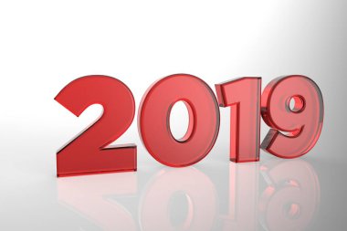 Numaraları 2019 kat yansımaları ile beyaz zemin üzerine kırmızı cam izole. 3D render