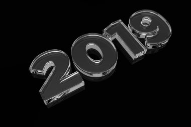 Şeffaf cam numaraları 2019 kat yansımaları ile siyah arka plan üzerine izole. 3D render