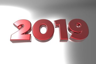 Kırmızı metalik gri metalik yüzeyinde 2019 numaralandırır. 3D render