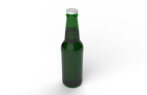 Green Glass Isolated Full Beer Bottle White Cap White Background — Stock Photo, Image
