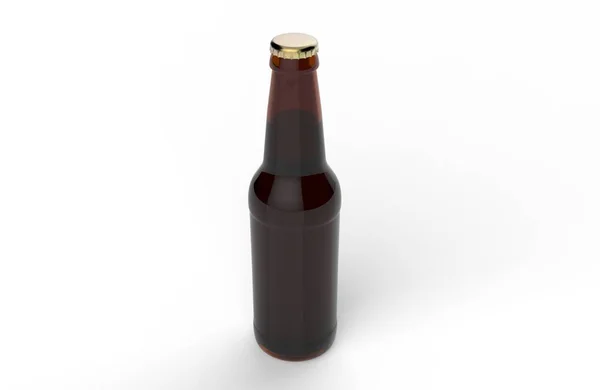 Brown Glass Isolated Full Beer Bottle White Cap White Background — Stock Photo, Image