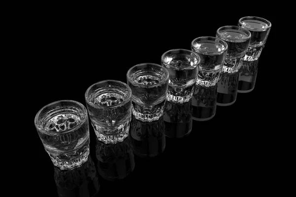 Seven Transparent Vodka Shot Glasses Black Background Reflections Refractions Render — Stock Photo, Image