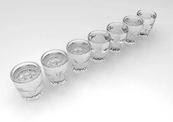 Rangée Sept Verres Vodka Transparents Sur Fond Blanc Gris Sur — Photo