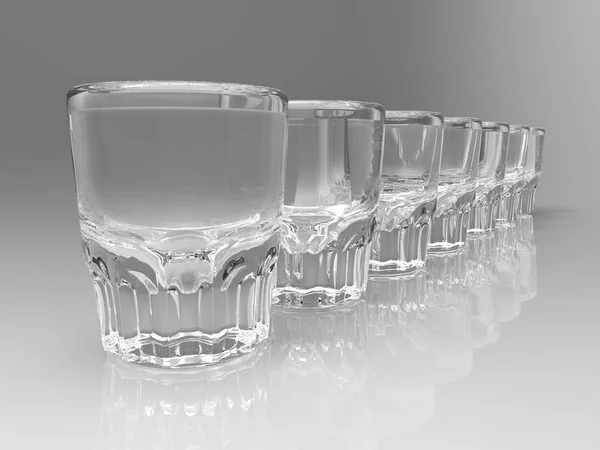 Row Seven Transparent Vodka Glasses Gray White Background Gloss Surface — Stock Photo, Image