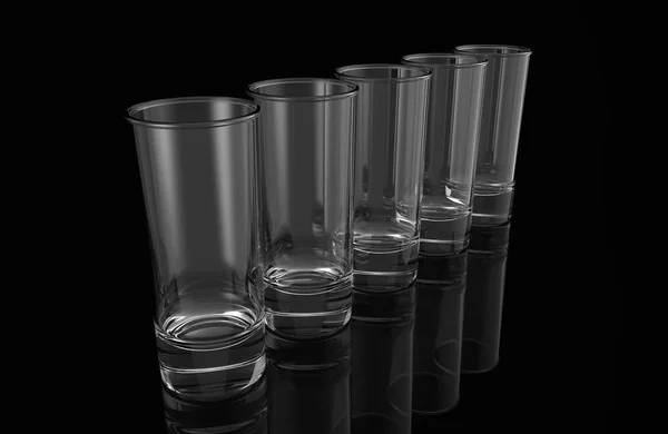Siyah arka plan üzerine beş boş boş tekila bardak kadar alay et. 3D render