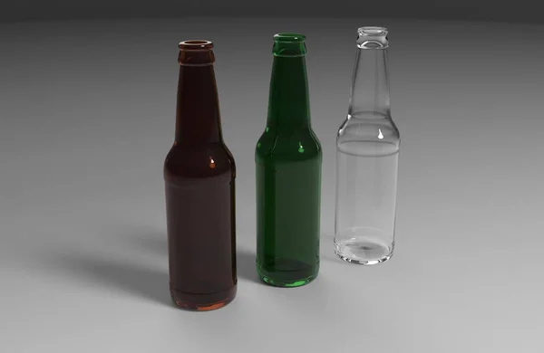 Glass Transparent Beer Bottles Mock White Gray Background Shadows Reflections — Stock Photo, Image