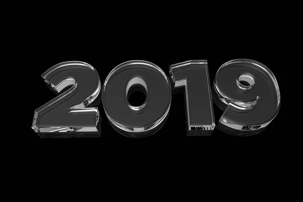 Şeffaf cam numaraları 2019 kat yansımaları ile siyah arka plan üzerine izole. 3D render