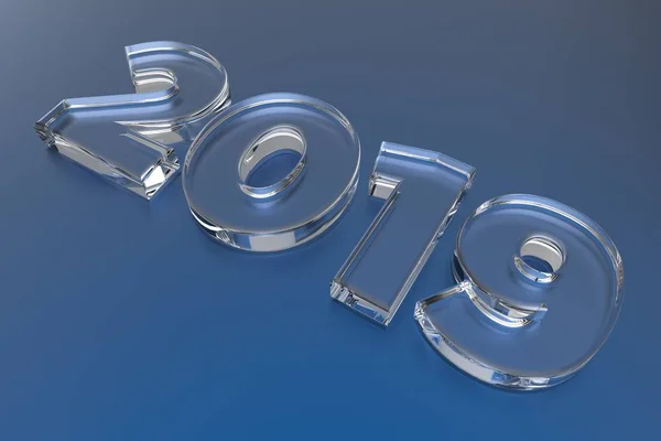 Şeffaf cam 2019 mavi metalik zemindeki numaralandırır. 3D render