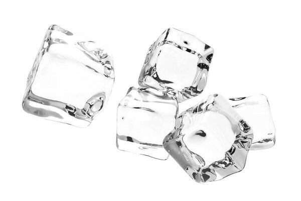 Five transparent isolated ice cubes on white background. 3D rendering