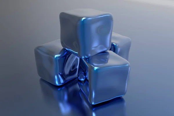 Quatre Cubes Ondulés Métalliques Bleus Sur Une Surface Métallique Bleue — Photo