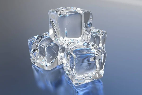 Mavi daire metal yüzeyi dört şeffaf buz küpleri. 3D render