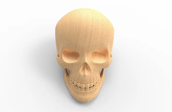 Gölgeler beyaz zemin üzerine ahşap izole insan kafatası. 3D render