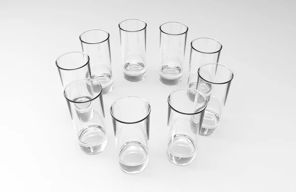 Nove Tiros Tequila Vazios Transparentes Fundo Branco Com Reflexos Chão — Fotografia de Stock