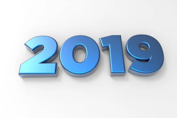 Mavi metalik beyaz arka plan üzerinde numaraları 2019 izole. 3D render 