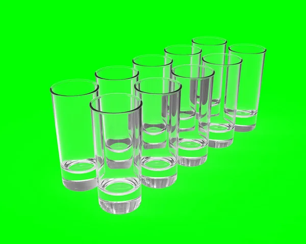 Ten Empty Transparent Glasses Shadows Reflections Green Chroma Key Background — Stock Photo, Image