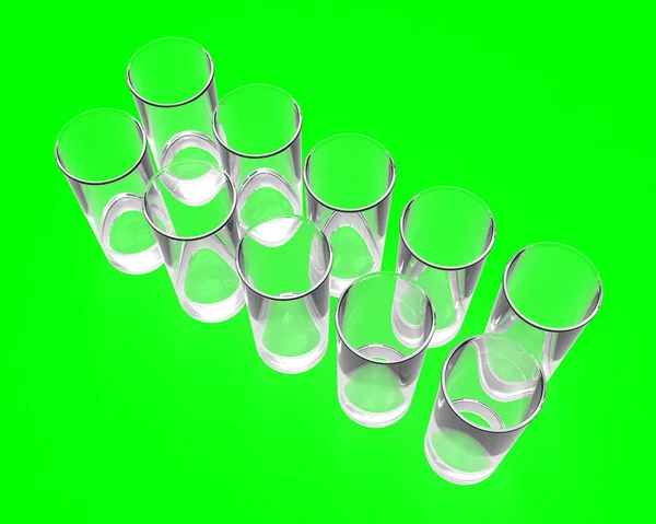 Diez Vasos Transparentes Vacíos Con Sombras Reflejos Sobre Fondo Croma — Foto de Stock