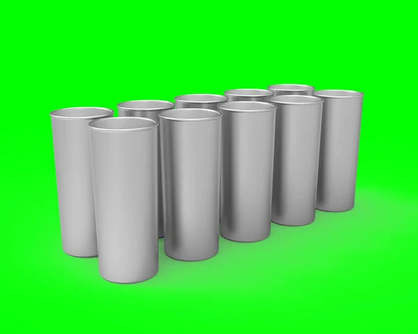 Ten empty metallic glasses on green chroma key background with shadows and reflections. 3D render