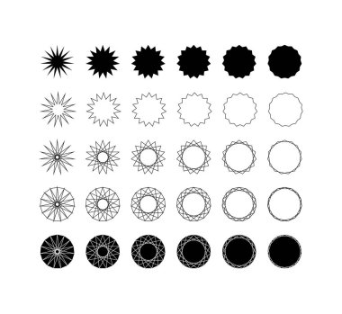 On beş köşeli yıldız (pentadecagram) ve pentadecagon otuz farklı stiller kümesi.