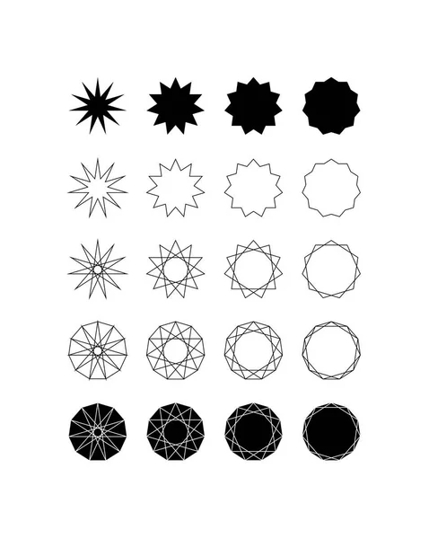 Onbir sivri uçlu yıldız (hendecagram) ve hendecagon on beş farklı stiller kümesi.