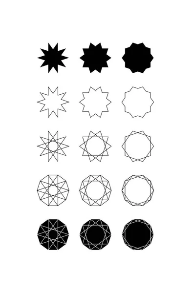 On sivri uçlu yıldız (Decagram) ve Decagon on beş farklı stiller kümesi.