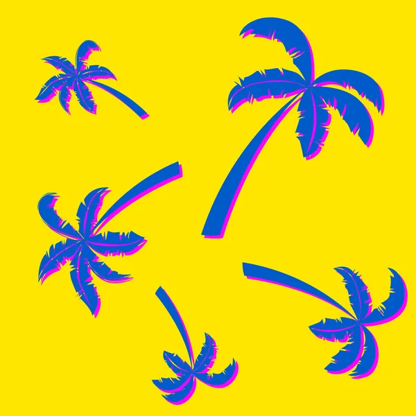 Zufällig Angeordnete Rosa Und Blaue Palmen Auf Gelbem Hintergrund Texturmuster — Stockvektor