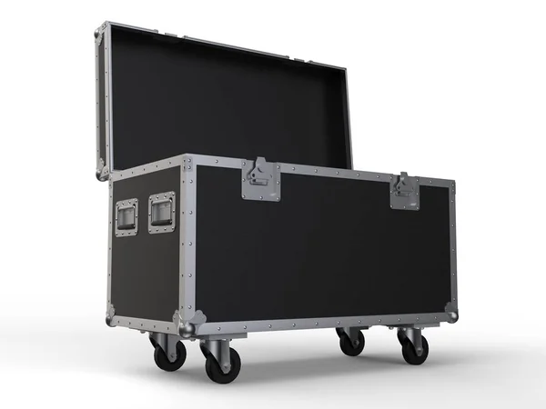 Black opened simple flight case on white background. 3D render