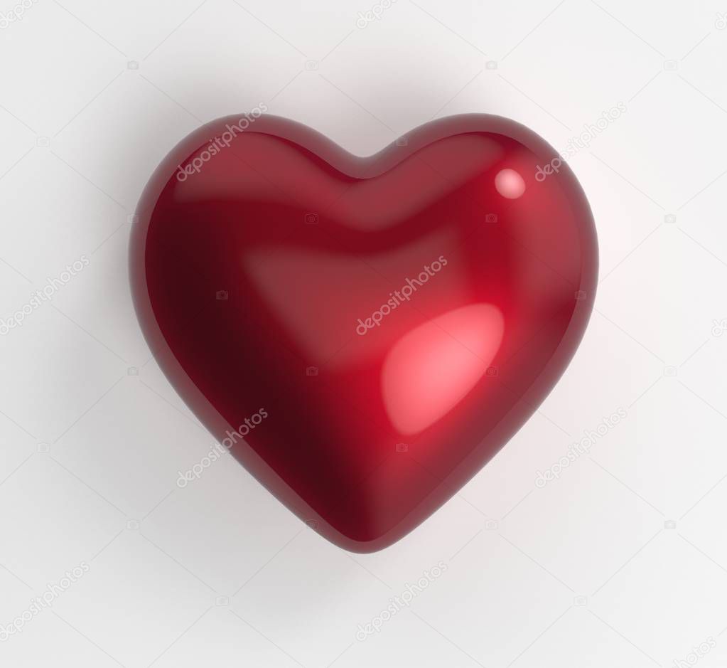 Red metal paint heart on white background with shadows. 3D render