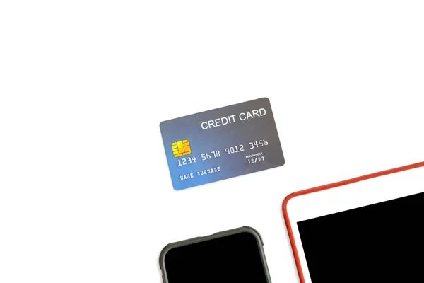 Koncepcja Commerce Mobilnych Zakupów Online Zbliżenie Makiety Fałszywej Karty Kredytowej — Zdjęcie stockowe