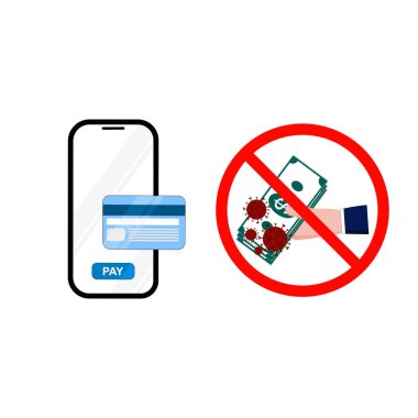 Kredi kartı ödemeli düz tasarım mobil akıllı telefon ve Coronavirus 2019 hastalığı için banknot konseptiyle ödeme durdurma (COVID-19). Grafik, Vektör illüstrasyonları, reklam, sanat eserleri, şablon için kullan.