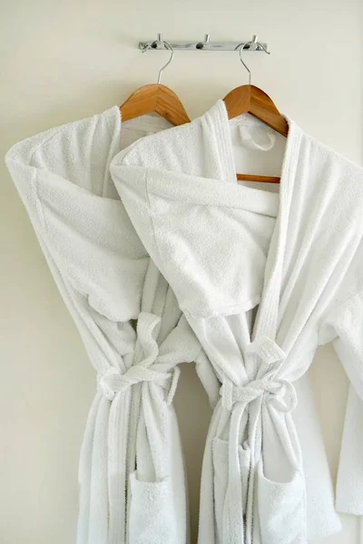 Two White Coats Hanging Door Hotel Dressing Gowns Door Hanger — Stock Photo, Image