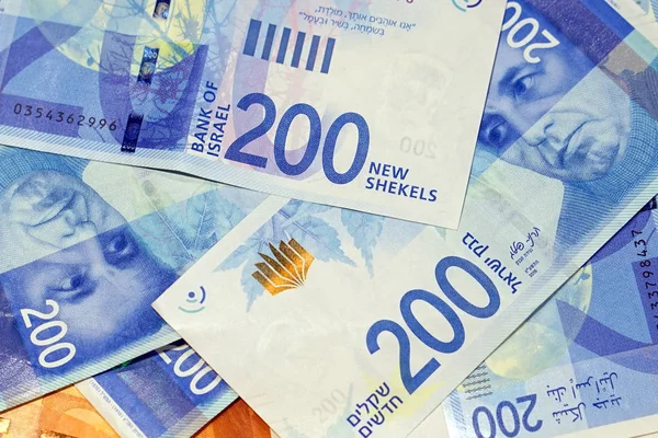 Izraelské Peníze Zásobníku Nových Kusovníků Izraelské Peníze Bankovky 200 Šekelu — Stock fotografie