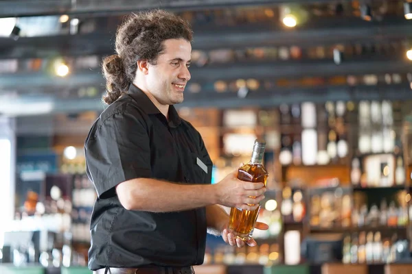 Barmaid Men Carries Bottle Whiskey Hand Client Hotel Bar Concept — Stock Photo, Image