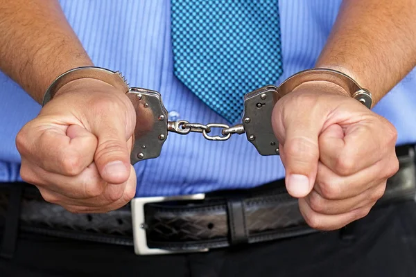 Arrested Man Handcuffed Hands Businessman Office Handcuffs Holding Bribe Arrested Stock Image