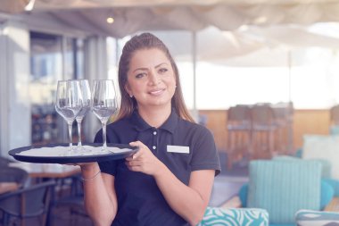 Garson kız bir şarap, gözlük otel barının istemciye bir tepsi üzerinde taşır. Garson şarap bardakları restoranda istemciye bir tepsi üzerinde taşır. Hizmet kavramı. Tonlama.
